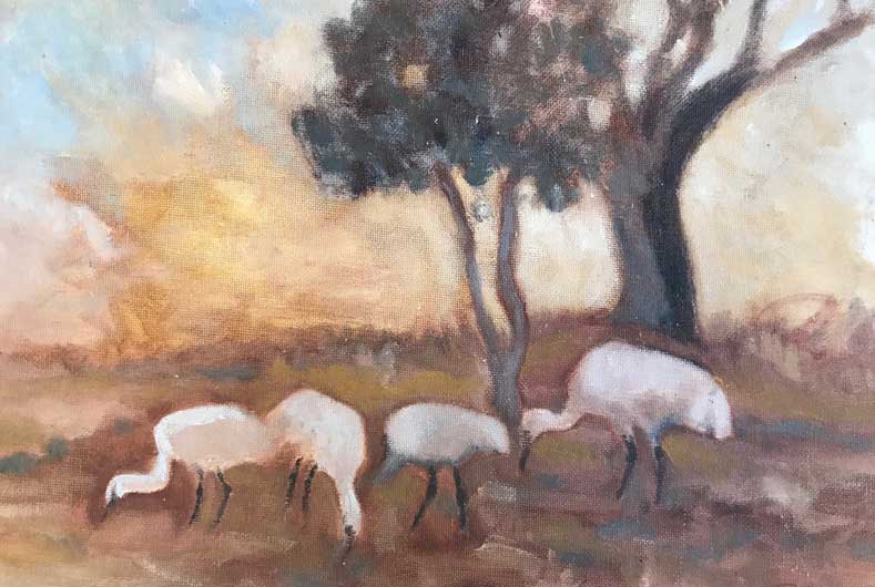 painting of cranes